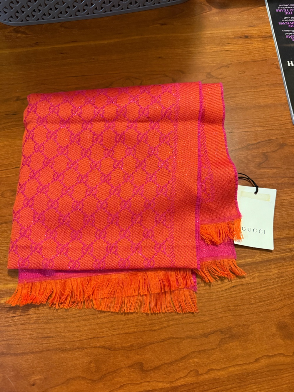 AUTHENTIC GUCCI GG JACQUARD SCARF ORANGE & FUCHSIA: NWT